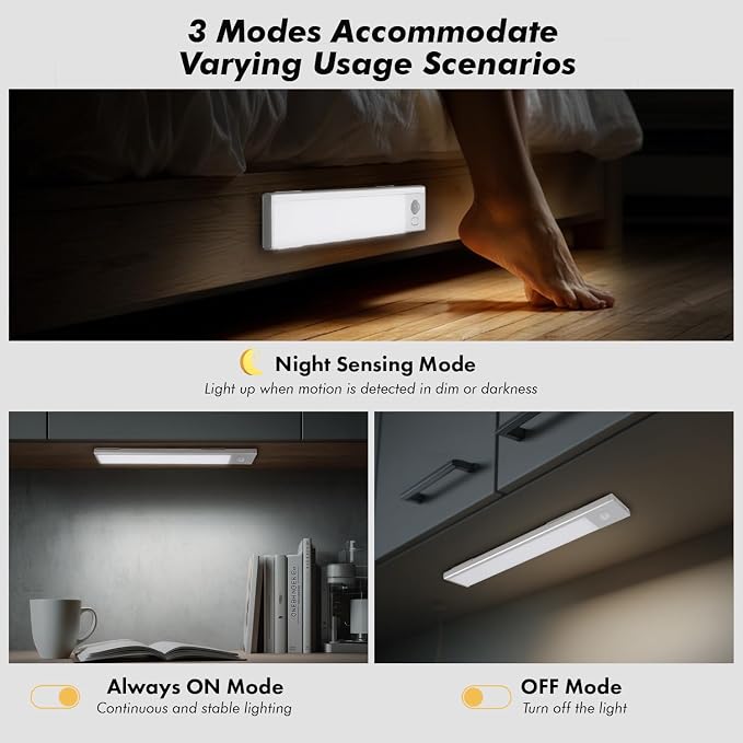 2 Pack Under Cabinet Lighting, 3 Colors & Dimmable Motion Sensor Light Indoor, 900mAh Rechargeable Under Cabinet Lighting Magnetic for Kitchen, Stairs, Closets, White(ABS+PC)