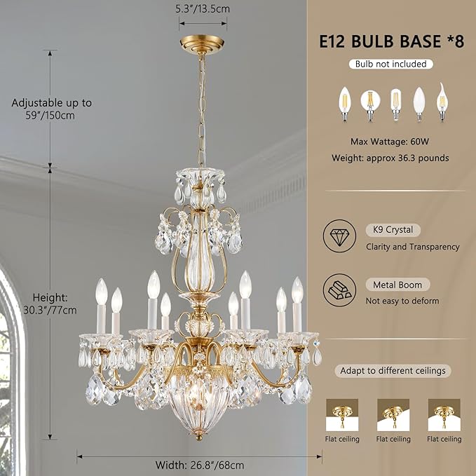 Vintage Crystal Chandeliers for Dining Room, 8-Light Brass Classic Candle Chandelier Pendant Ceiling Light Fixture for Living Room Bedroom Kitchen Foyer Hallway Staircase 30.3" H x 26.8" D