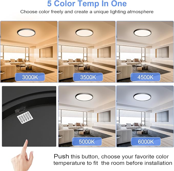 hunhun 2 Pack 16 Inch Dimmable LED Flush Mount Ceiling Light 4800LM Round Light Fixture 5 Color Temperature Selectable Super Slim Large Flat Ceiling Lamp for Living Dining Room Black
