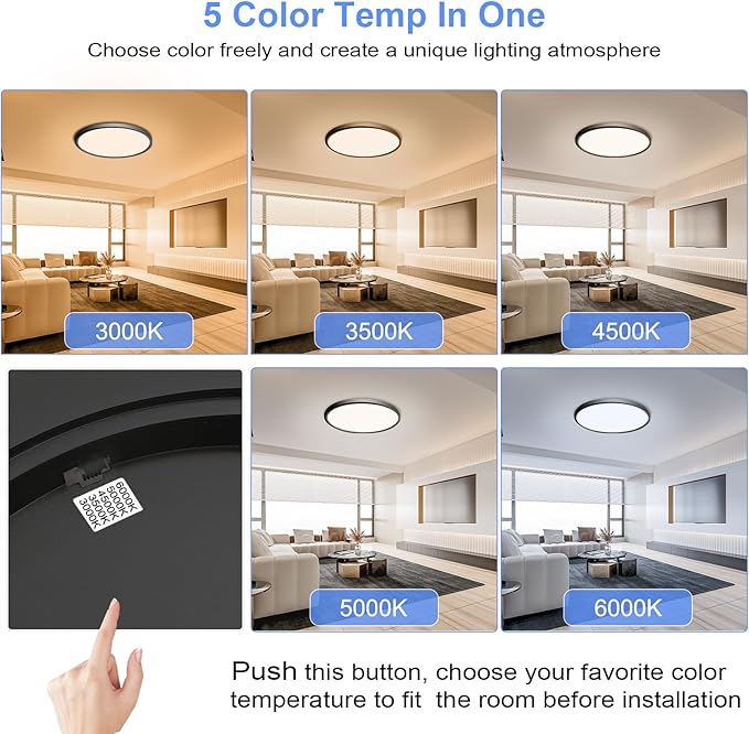 hunhun 16 Inch Dimmable LED Flush Mount Ceiling Light 4800LM Round Light Fixture 5 Color Temperature Selectable Super Slim Large Flat Ceiling Lamp for Living Dining Room Black