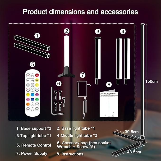 Tyute LED Corner Floor Lamp, 68+ Scenes, 16 Million Colors Corner Light with App & Remote Control, Smart RGB Ambient Lighting with Music Sync, Mood Lighting for Bedroom, Living Room, Gaming Room