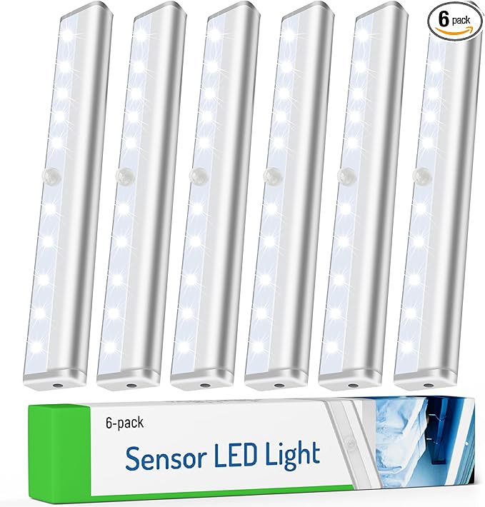 Molrebe Motion Sensor Closet Lights, 6 Pack, Battery Operated | 10 LEDs, 10-ft motion range, 15-20 sec auto-off, magnetic peel-and-stick mounting for closets, cabinets, hallways and stairs