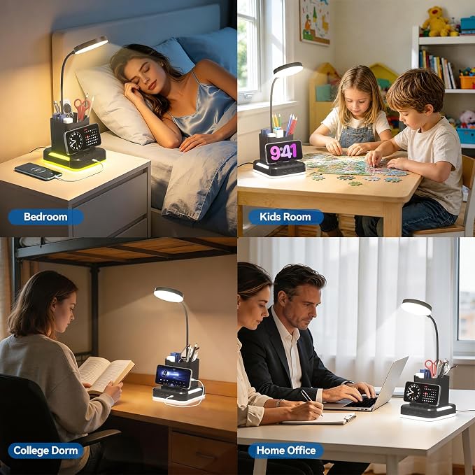 KDD 5 in 1 Desk Lamp with Charging Ports, 9 RGB Modes Gaming Table Light | Pen & Phone Holder, 360°Adjustable Gooseneck Desktop Lights, Dimmable Table Lamp for Home Office College Dorm Room