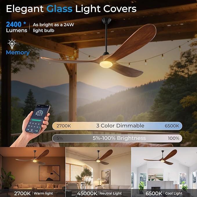Outdoor Ceiling Fan with Light-Glass Lamp, 52 inch 3 Blade Wood Propeller Ceiling Fans with Lights and Remote Control for Patios, Exterior Damp Rated High CFM Ceiling Fans Modern Smart APP, Walnut