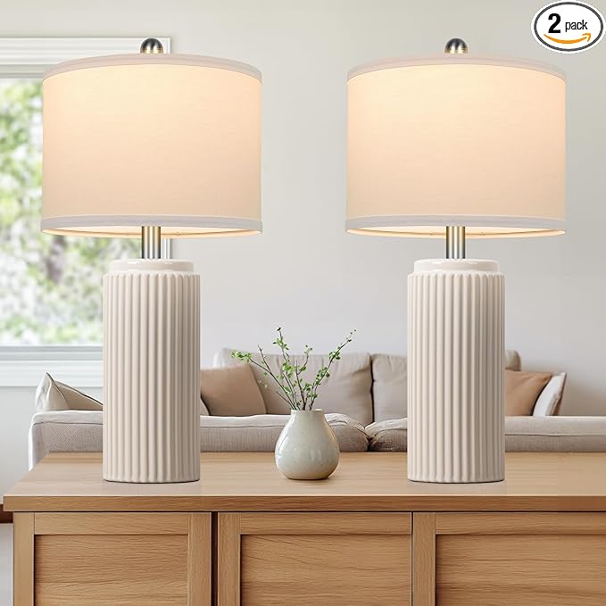 23.5" Cream Ceramic Table Lamps Set of 2, Modern Nightstand Lamps | Bedside Table Lamps with White Linen Shade, Ideal Size, Farmhouse Home Decor for Living Room Bedroom Office End Table Dorm