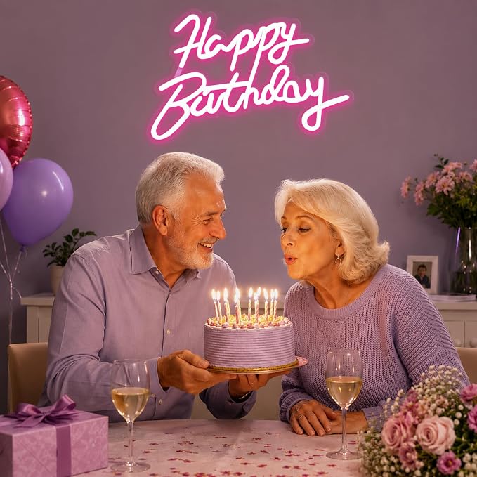 FARNY Happy Birthday Neon Sign for Wall Decor, LED Happy Birthday Light Up Sign Pink, Dimmable LED Birthday Neon Light for Birthday Party Decorations Backdrop,16.5"x 12"