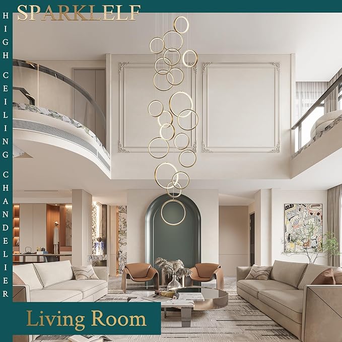 20 Rings Modern LED Chandelier for High Ceiling Dimmable Gold Contemporary Foyer Long Chandelier for Entryway, Long Pendant Light Fixture Staircase Dining Living Room, 3000-6500K