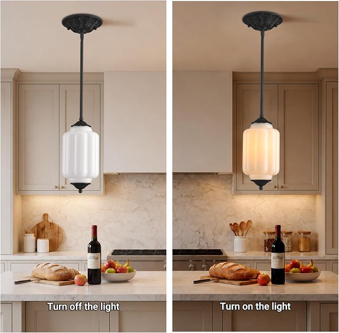 LOUSACE 5.5 in Milk Glass Kitchen Pendant Light, Retro Semi Flush Mount Ceiling Pandant Lighting with Matte Black Aluminium Base & White Milk Glass, E12 Blub Included