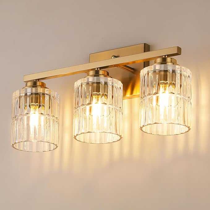 TALOYA Gold 3-Light Bathroom Vanity Light with Fluted Cylinder Glass Shade | Modern Vanity Lighting Fixtures, Bathroom Lights Over Mirror, Wall Mount Mirror Light Fixtures for Bathroom Hallway Bedroom
