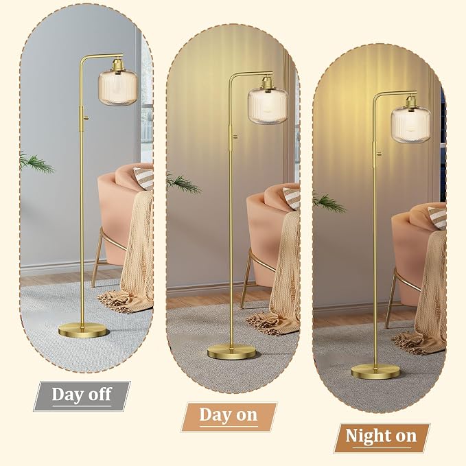 66" Dimmable Gold Standing Lamp with Champagne Ribbed Glass for Living Room | Vintage Floor Lamp with Brushed Gold, Stepless Rotary Switch and 3000K LED Bulb, Arc Floor Lamp for Bedroom & Study Room