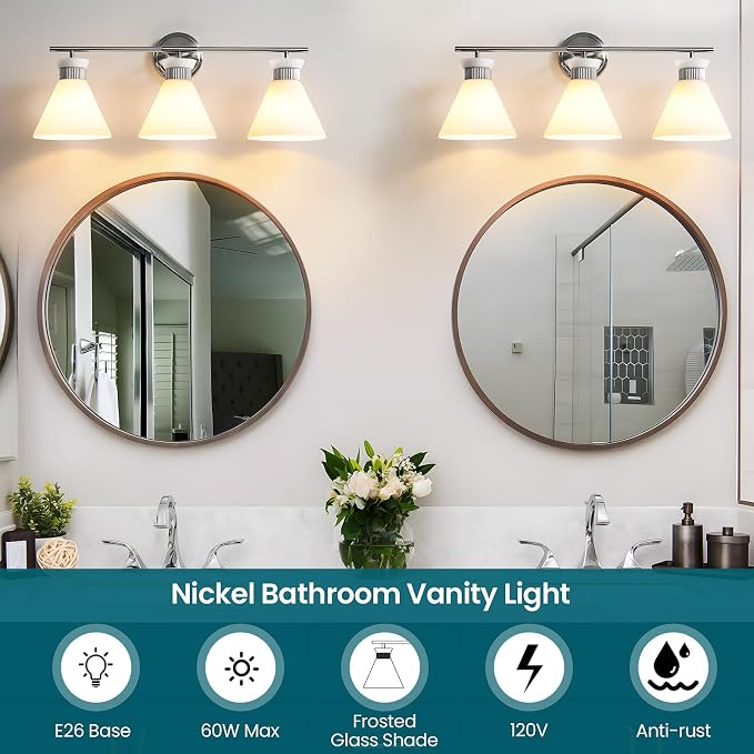WOSHITU Nickel Bathroom Vanity Light Fixtures: Vanity Lighting Fixtures Over Mirror 23.4 inch with Milky White Frosted Glass, 3-Lights Vanity Light Above Mirror Bathroom Wall Light(Exclude Bulb)