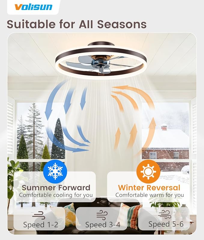 VOLISUN Low Profile Ceiling Fans with Lights and Remote, 20in Flush Mount Ceiling Fans with Light, 3000K-6500K Dimmable Fandelier LED Fan Light, Brown Bladeless Ceiling Fans with Lights for Bedroom