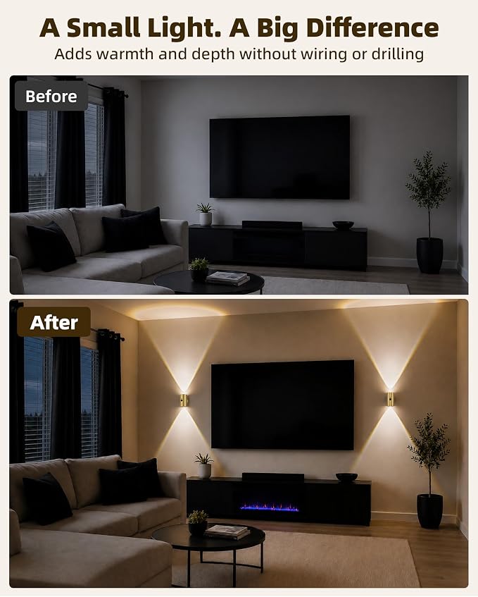 EZVALO Motion Sensor Wall Sconces, Rechargeable Battery Operated 4000mAh Wall Lights, 3 Color Temperatures & 12 RGB, Wireless LED Lighting with Remote for Hallway, Living Room (Brushed Gold, 4 Pack)