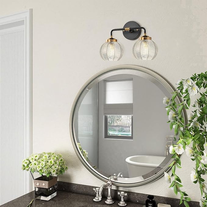 Black Bathroom Vanity Light Fixture Kitchen Sink Sconce Lighting fixtures Over Mirror with 2 Globe Shade Clear Wall Light Modern Ribbed Glass Wall Sconces for Bedroom Living Room