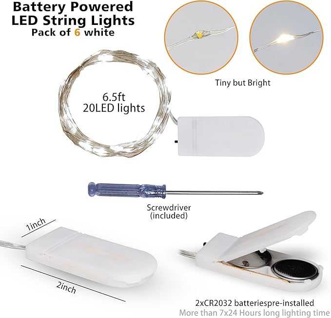 6 Pack Fairy Lights Battery Operated String Lights - 7ft 20 LED Waterproof Silver Wire Firefly Lights for DIY Wedding Décor Table Centerpieces Craft Mason Jars Party Decor(White)