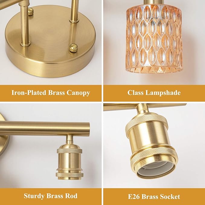 Bathroom Vanity Light, Gold Wall Fixture Over Mirror, Amber Glass Shade Lighting with Bulbs Included for Bedroom & Living Room, 2-Lights