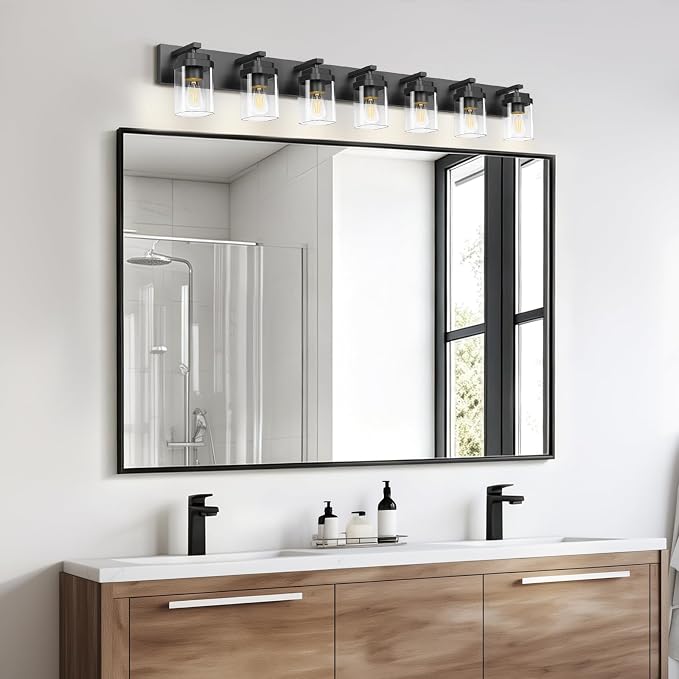 Black Bathroom Light Fixtures, 7 Lights Bathroom Lighting Fixtures Over Mirror, Square Design & Rectangle Large Backplate, Modern Vanity Lighting Fixtures, for Bathroom/Living Room/Bedroom