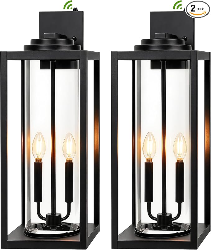 Extra Large 24 Inch Outdoor Wall Lights, Dusk to Dawn Sensor, Black, 2-Pack | IP65 Waterproof, Anti Rust, Tempered Glass, E12, 2-light, Weather-Resistant, Modern, Outside, Porch, Garage and Entryway