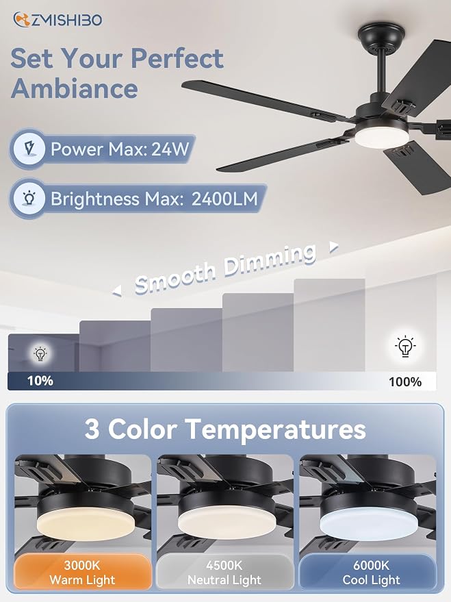 ZMISHIBO 52" Ceiling Fans with Lights and Remote, Black Modern for Indoor | 24W 2400LM Bright LED, 3CCT, Dimmable, App Control, Farmhouse Dual Finish Blades, Quiet&Strong Motor for Bedroom, Living Room