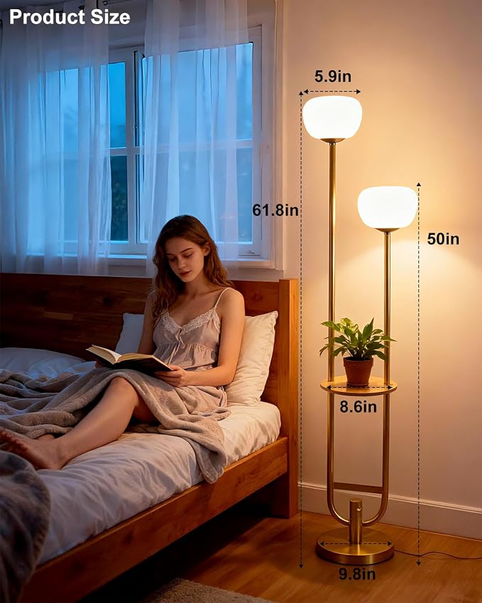 Lightdot 63IN Gold Floor Lamp Dimmable Standing Lamps with Tray Pumpkin Bulbs Included Unique U-Pole Mid Century Modern Tall Lamp with 5Lbs Heavy Base for Living Room/Party/Sofa Beside/Corner Decor
