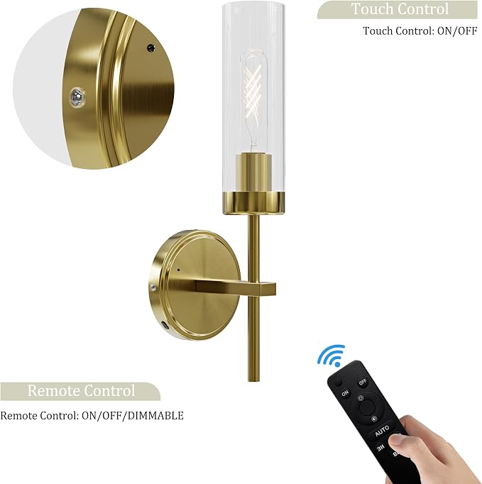 Gold Battery Operated Wall Sconce, Wireless Wall Sconces with Remote Control, Rechargeable 3000K Dimmable Wall Light for Bedroom Living Room Bathroom Hallway Entryway Stairwell