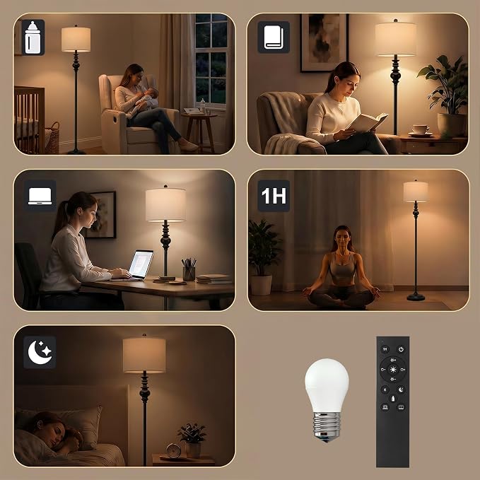 BOBOMOMO 64.25" Farmhouse Floor Lamp with Remote, Dimmable Black Floor Lamp with Adjustable Color Temperatures, Tall Standing Lamps for Living Room Corner, Bedroom & Office, 9W Bulb Included