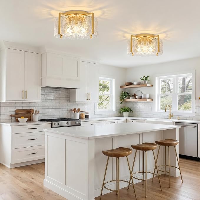 16'' Gold Semi Flush Mount Ceiling Light, 4-Light Glass Drum Light Fixtures | Modern Ceiling Lights for Hallway Entryway Bedroom Bathroom Kitchen Canteen Laundry Room Lighting Fixture Bulbs not Included
