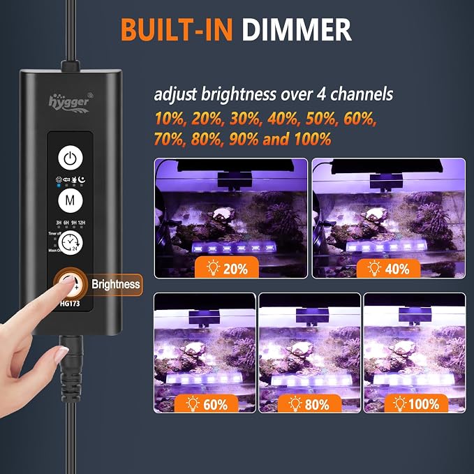 hygger LED Saltwater Aquarium Light, 24/7 Mode Nano Tank Reef Light for Coral, Refugium Light with White, Blue, U-V LEDs Dimmer Timer Moonlight Mounting Bracket 2 Metal Legs 21'' Long 35W