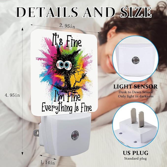 l'm Fine Black Cat Night Light, Plug-into Wall Everything is Fine Nightlight Lamp with Dusk to Dawn Sensor, Led Lamp 0.5W Energy Efficient for Boys Girls Adults Home Decor