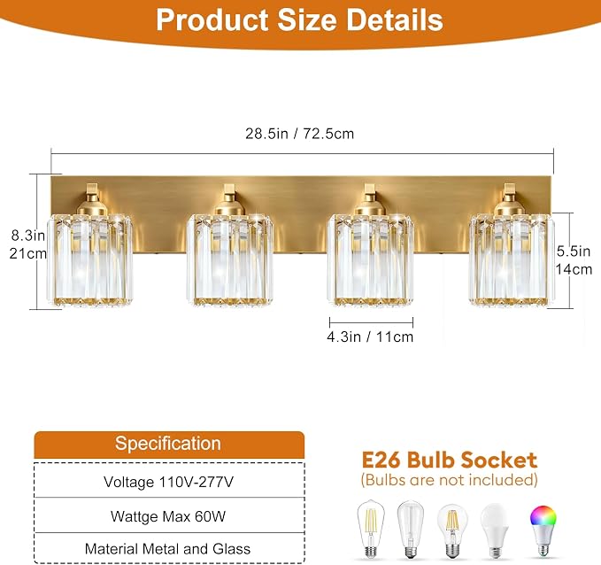 Gold Crystal Bathroom Vanity Light, 4-Light Modern Bathroom Lighting Fixtures Over Mirror,Chrome Wall Sconce Light Fixtures with Square Shade