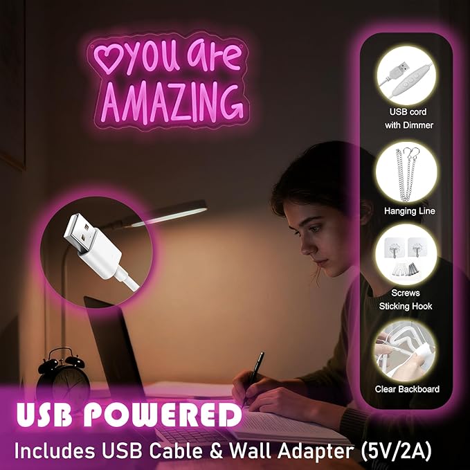 You Are Amazing Neon Sign Wall Decor for Bedroom Class Room Bar Pub Club Nursery Hanging,Dimmable USB Pink Led Light for Wedding Birthday Party Women Christmas Gifts
