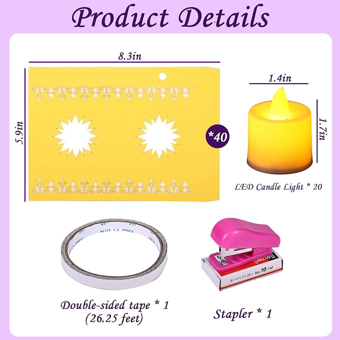 40 Pcs Paper Lanterns with LED Candles for Table Centerpieces | Sun Cutout, Provide Tools, Princess Girls Birthday Party Festival Decorations, 20 Lanterns+20 Candles