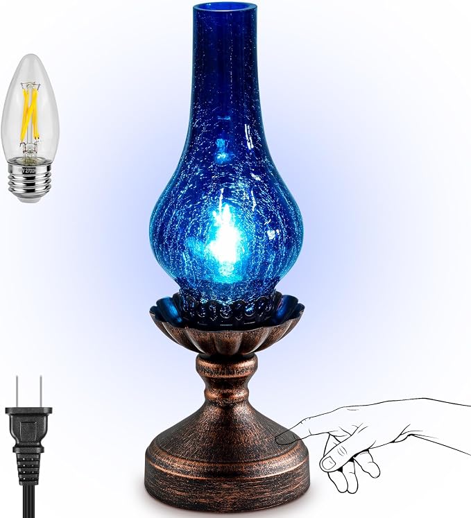 Vintage Table Lamp with Blue Crackle Glass Shade,Touch Control & 3-Way Dimmable Rustic Retro Farmhouse Bedside Lamp for Bedroom, Living Room, Cabin, Office (2700K LED Candle Bulb Included)