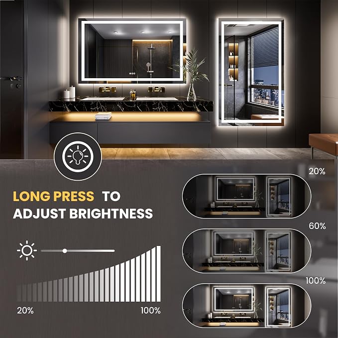 LOAAO 60"X32" LED Bathroom Mirror with Lights | Anti-Fog, Dimmable, 3 Color Temperature, Backlit + Front Lit, Memory Function, Tempered Glass, UL Listed