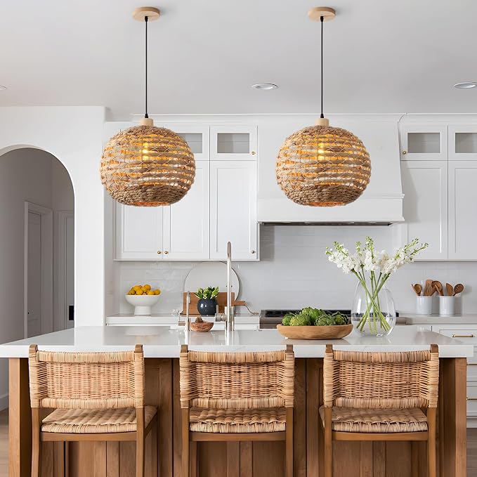 Boho Pendant Lights Kitchen Island Rattan Lights Fixture for Dining Room 15.8" Hand-Woven Chandelier Weaving Hanging Ceiling Light for Restaurant Living Room Bedroom Foyer Hallway