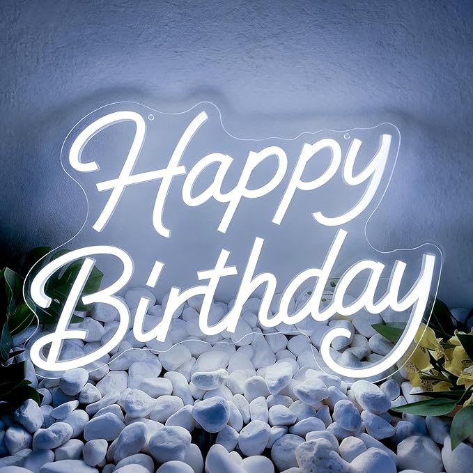 Happy Birthday Neon Sign for Backdrop Dimmable Happy Birthday Light Up Sign | LED Cool White Neon Happy Birthday Sign for Birthday Party Backdrop, Any Ages Bday Party Celebration, USB Powered, Hanging