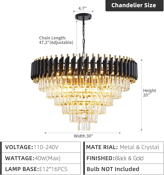 Modern Crystal Chandeliers 6 Tiers for Dining Room 16-Light Black and Gold Chandelier Living Room Round Contemporary Ceiling Hanging Light Pendant Light Fixture for Entryway Foyer Staircase
