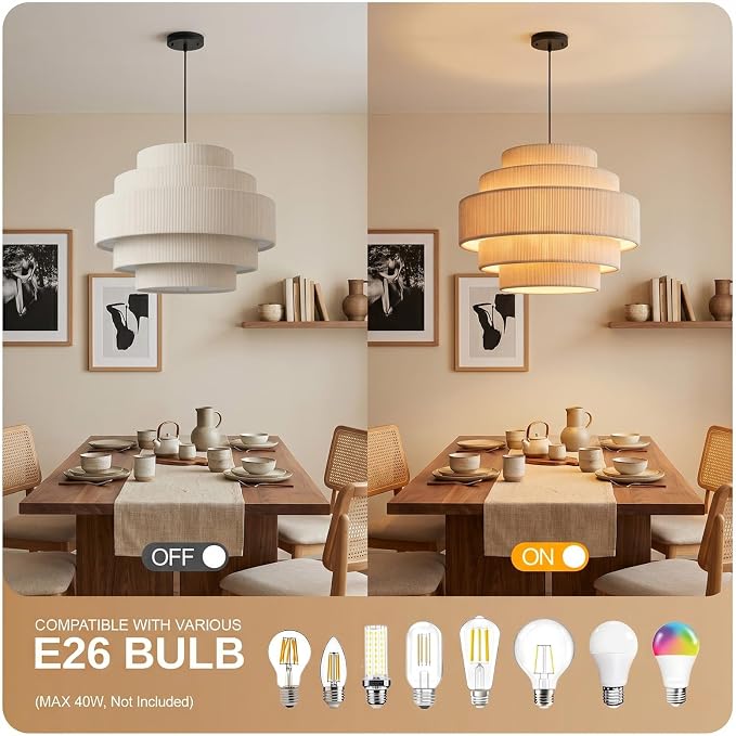 AUQUEE 5-Tier Corduroy Pendant Light for Kitchen Island, 13” Anti-Glare Boho Hanging Light Fixture, Adjustable Modern Ceiling Chandelier for Dining Room Bedroom Living Room Entryway Hallway, Beige