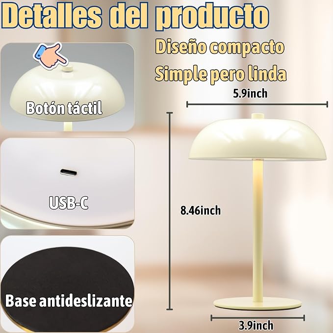 Cordless LED Mushroom Table Lamp, 5200mAh Battery, Dimmable 3 Color, White | Small, 8.46in, Portable, Easy to Assemble, Metal structure, Rechargeable, Suitable for bedroom, café, and bar counter
