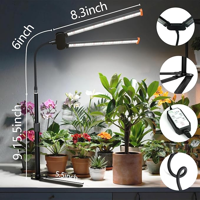 GHodec 2-Pack Grow Light for Indoor Plant, 6000K Full Spectrum Plant Lamp | Light Strip Foldable & Height Extendable 9-25'', Auto Timer 4 8 12Hrs,for Pot Succulents Seed Growing
