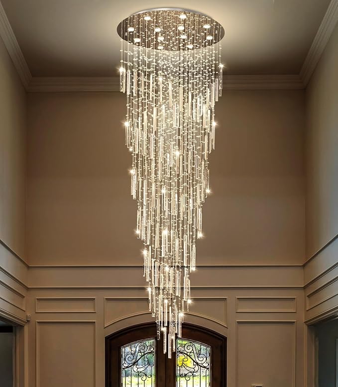 D32'' x H100'' Modern Crystal Chandelier High Ceiling Chandeliers for Entryway Glam Chandelier Large Raindrop Chandeliers LED Dimmable Light Fixtures for Staircaes Foyer Hallway Living Room Silver