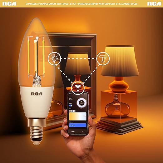 RCA WiFi Smart Light Bulbs Alexa Devices Compatible, Google Home, Amber B11 Vintage LED Light Bulb, 4W (40W Eq), 320 Lumens Dimmable LED Light Bulbs, Control with Smartphone, Tunable