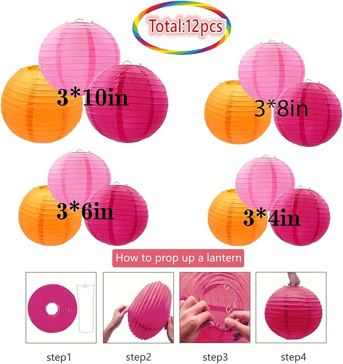 Pink Orange and Hot Pink Paper Lanterns 12Pcs Hanging Round Paper Lanterns Decorative for Graduation Baby Shower Wedding Birthday Family Parties ﻿