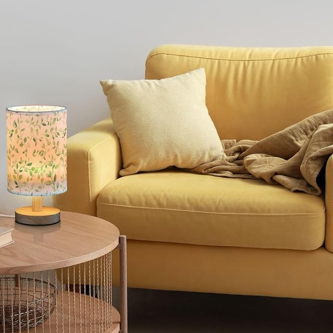 Watercolor Green Leaves and Vines Bedside Table Lamps with USB Port for Bedroom Lamp Table Lamp Small Nightstand Lamp Sturdy Linen Shade Wooden Decorative Lamps for Home Dorm Office Living Room