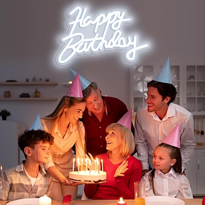 Happy Birthday Neon Sign for Wall Party Decor, LED Happy Birthday Light up Sign for Backdrop, 16"x 11" USB Powered 10 Brightness Settings Light up Signs Party Decorations Backdrop, Cool White