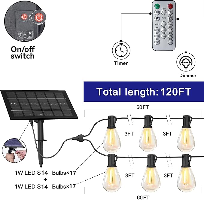 Solar String Lights for Outside 120FT with Remote 8 Lights Mode, Weatherproof Shatterproof S14 LED Bulb 34 Sockets, Outdoor Patio Light for Backyard Porch Cafe