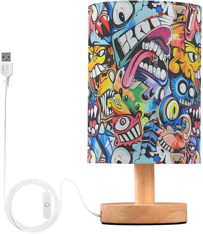 Colorful Street Graffiti Art Monkey Table Lamp for Bedroom USB Port Lamps Small Accent Table Lamp Nightstand Lamp Sturdy Linen Shade Wooden Base Decorative Lamps for Bedside Reading|Kids|Dorm|Home
