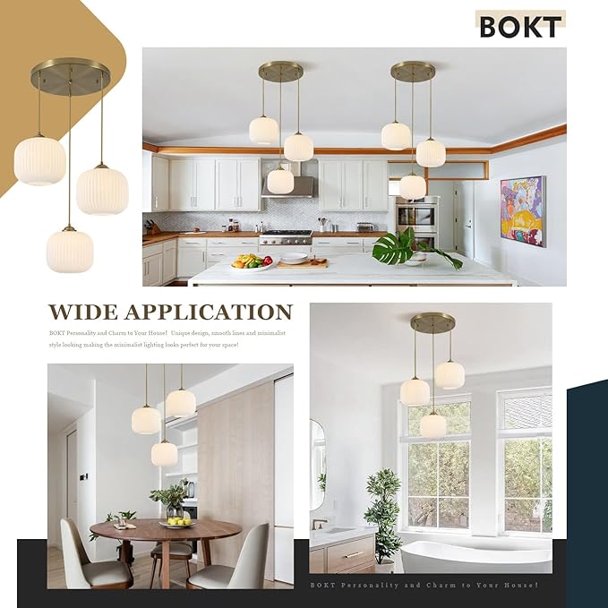 BOKT White Pendant Lights Kitchen Island 3 Light Globe Cluster Pendant Light Large Ribbed Glass Cluster Chandelier Gold Vintage Adjustable Hanging Light Fixture for Sink Dining Room