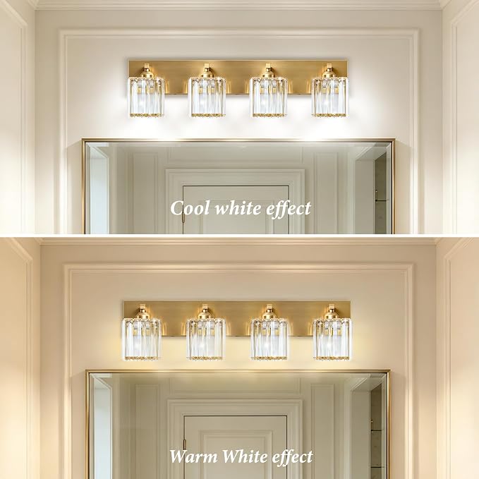 Gold Crystal Bathroom Vanity Light, 4-Light Modern Bathroom Lighting Fixtures Over Mirror,Chrome Wall Sconce Light Fixtures with Square Shade