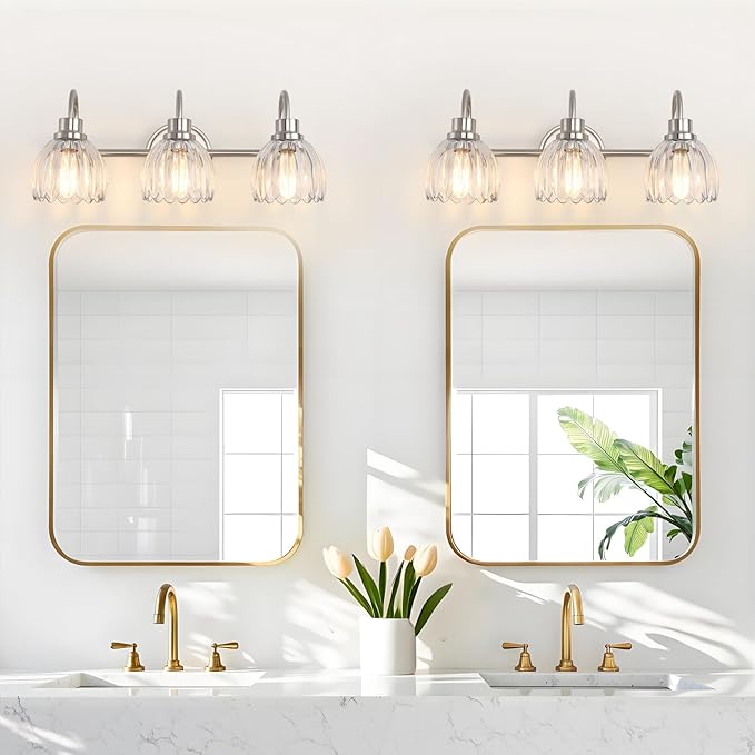 Bathroom Light Fixtures (3-Light, 20 Inch), Brushed Nickel Vanity Lights for Bathroom with Ribbed Clear Tulip Glass Shade, Vintage Vanity Wall Lights for Mirror Bedroom Living Room Hallway